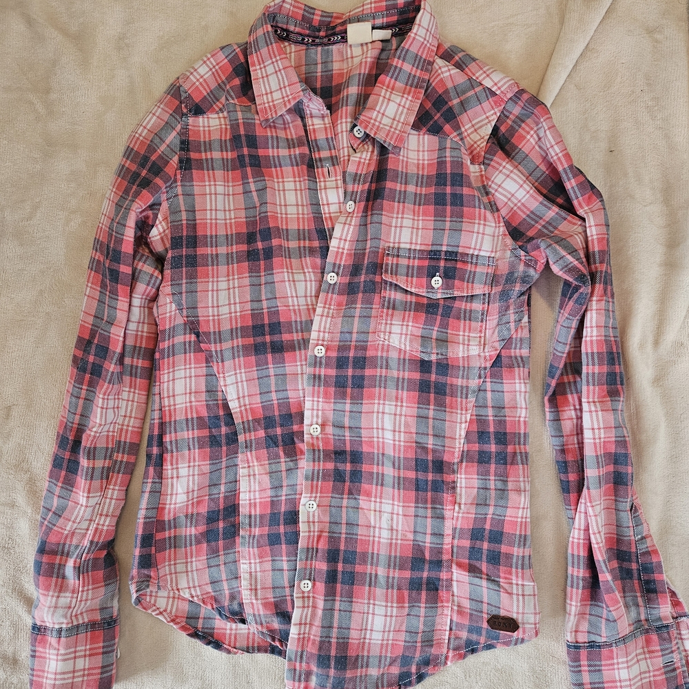Roxy Women's Pink and Blue Plaid Button Down Shirt